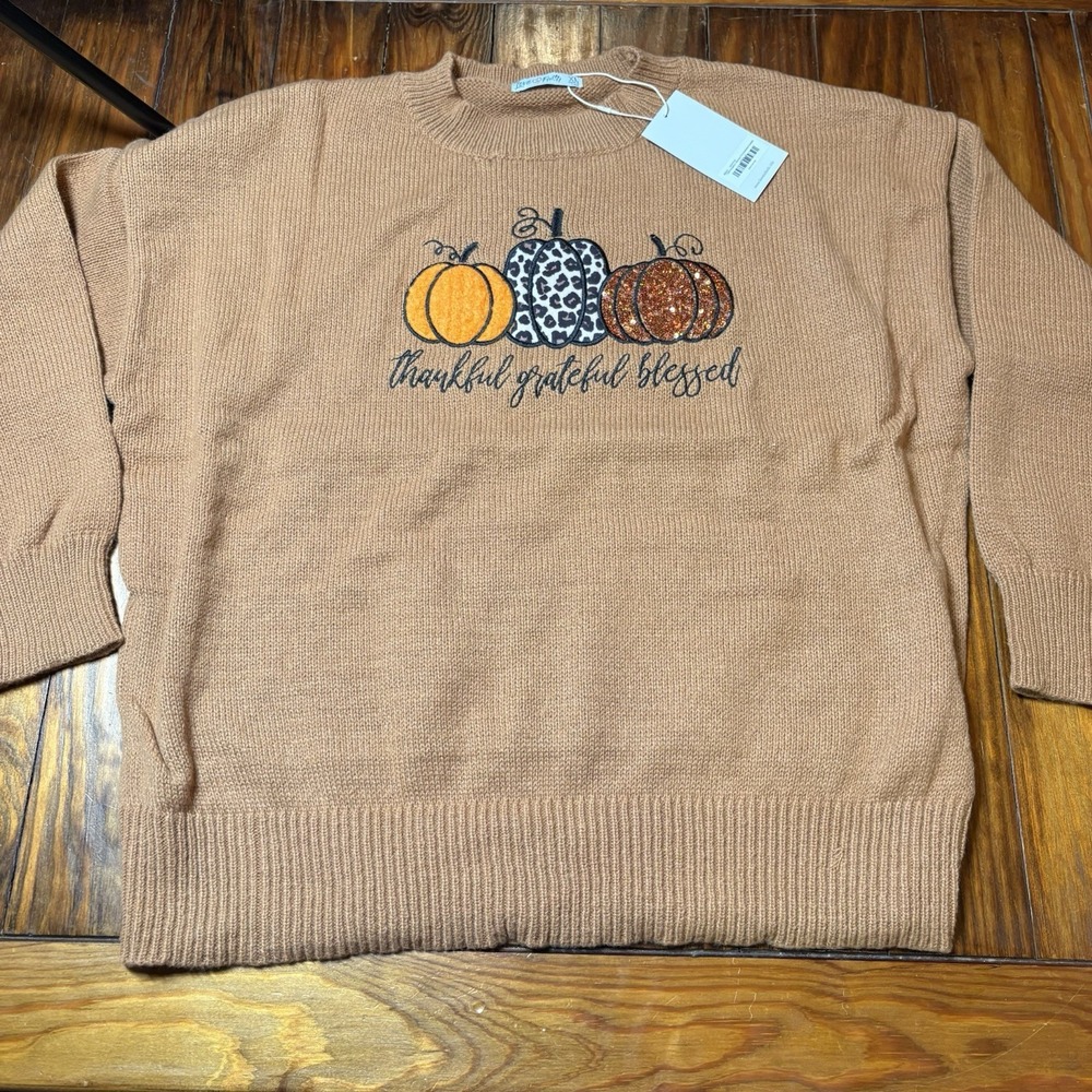Love In Faith Greatful Thankful Blessed Pumpkins Sequin Fall Sweater XL A1964